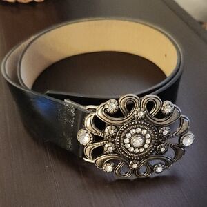 Black Leather Belt with Ornate Buckle